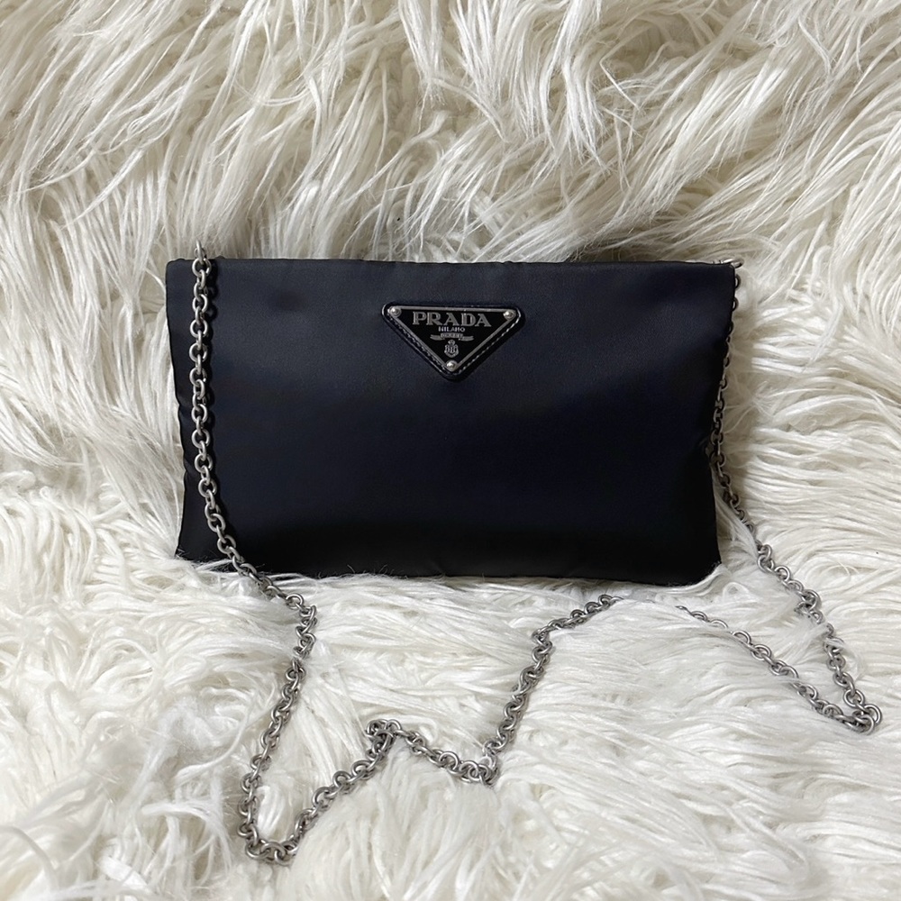 Prada Tessuto Nylon Puffer Black Clutch with Crossbody Chain